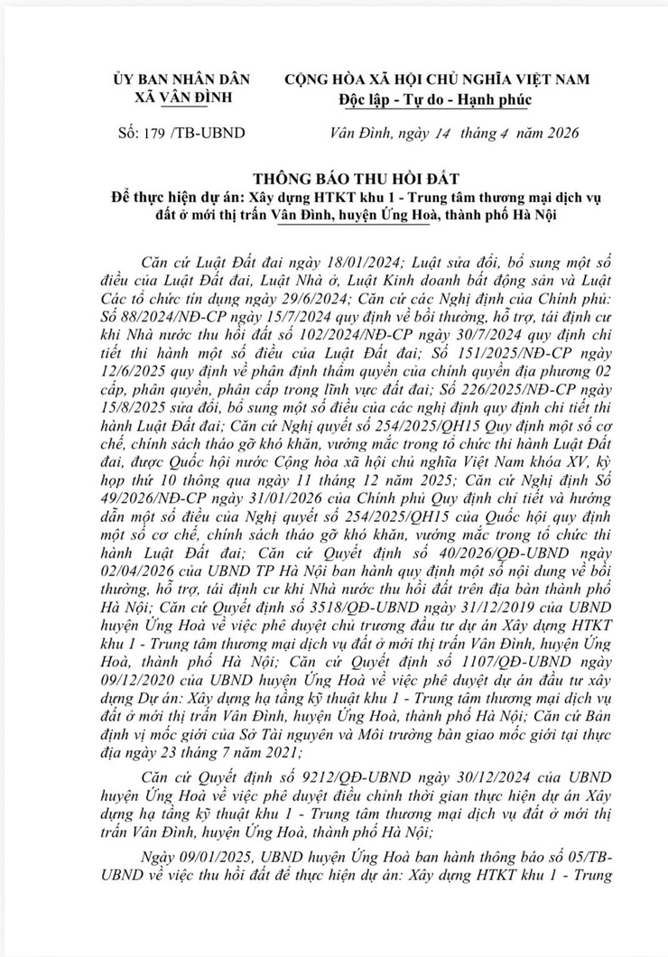 Thông báo thu hồi đất để thực hiện dự án: Xây dựng HTKT khu 1 - Trung tâm thương mại dịch vụ đất ở mới thị trấn Vân Đình, huyện Ứng Hoà, thành phố Hà Nội- Ảnh 1.
