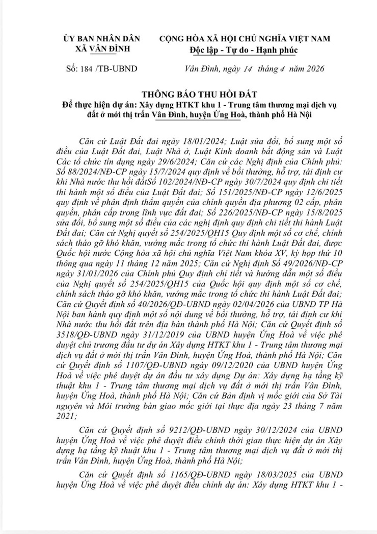 Thông báo thu hồi đất để thực hiện dự án: Xây dựng HTKT khu 1 - Trung tâm thương mại dịch vụ đất ở mới thị trấn Vân Đình, huyện Ứng Hoà, thành phố Hà Nội- Ảnh 1.