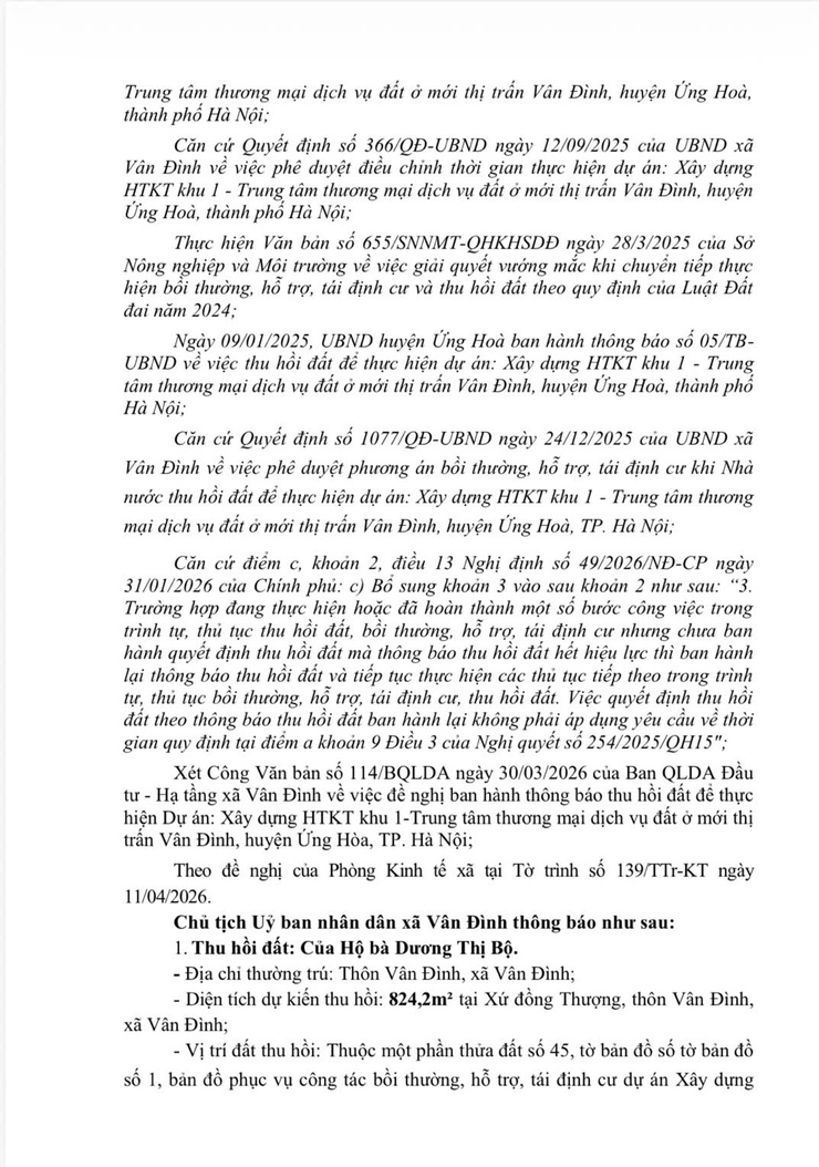 Thông báo thu hồi đất để thực hiện dự án: Xây dựng HTKT khu 1 - Trung tâm thương mại dịch vụ đất ở mới thị trấn Vân Đình, huyện Ứng Hoà, thành phố Hà Nội- Ảnh 2.