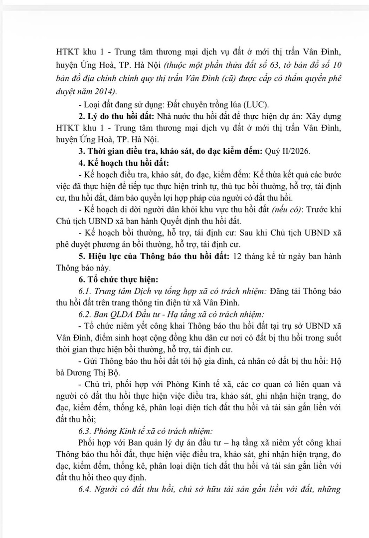 Thông báo thu hồi đất để thực hiện dự án: Xây dựng HTKT khu 1 - Trung tâm thương mại dịch vụ đất ở mới thị trấn Vân Đình, huyện Ứng Hoà, thành phố Hà Nội- Ảnh 3.