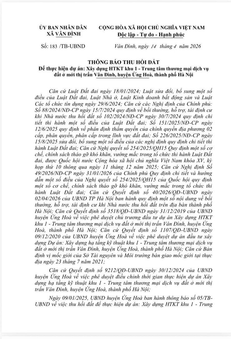 Thông báo thu hồi đất để thực hiện dự án: Xây dựng HTKT khu 1 - Trung tâm thương mại dịch vụ đất ở mới thị trấn Vân Đình, huyện Ứng Hoà, thành phố Hà Nội- Ảnh 1.
