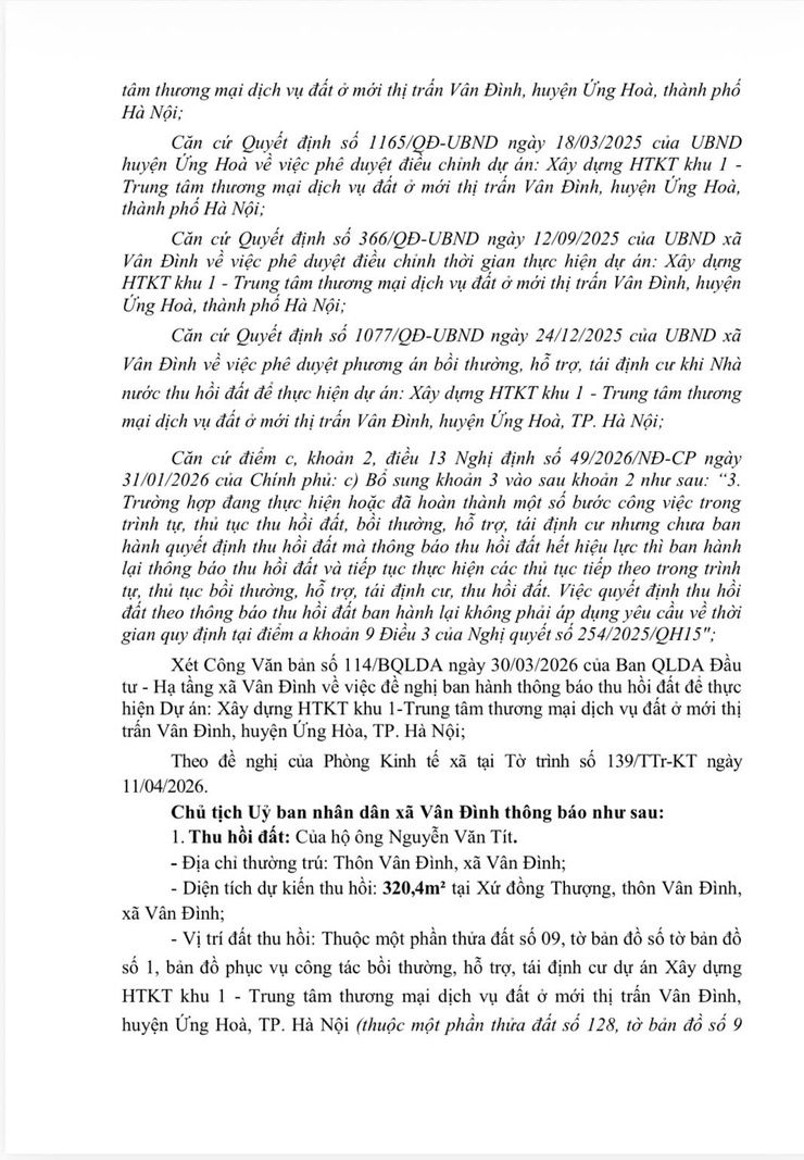 Thông báo thu hồi đất để thực hiện dự án: Xây dựng HTKT khu 1 - Trung tâm thương mại dịch vụ đất ở mới thị trấn Vân Đình, huyện Ứng Hoà, thành phố Hà Nội- Ảnh 2.