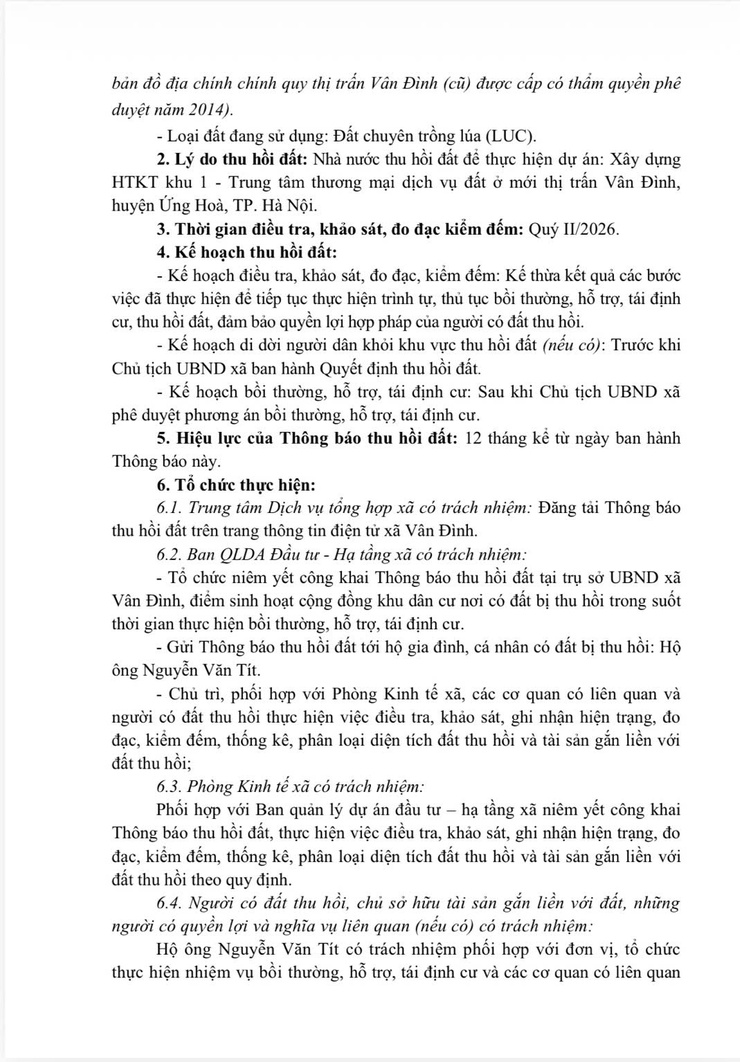 Thông báo thu hồi đất để thực hiện dự án: Xây dựng HTKT khu 1 - Trung tâm thương mại dịch vụ đất ở mới thị trấn Vân Đình, huyện Ứng Hoà, thành phố Hà Nội- Ảnh 3.