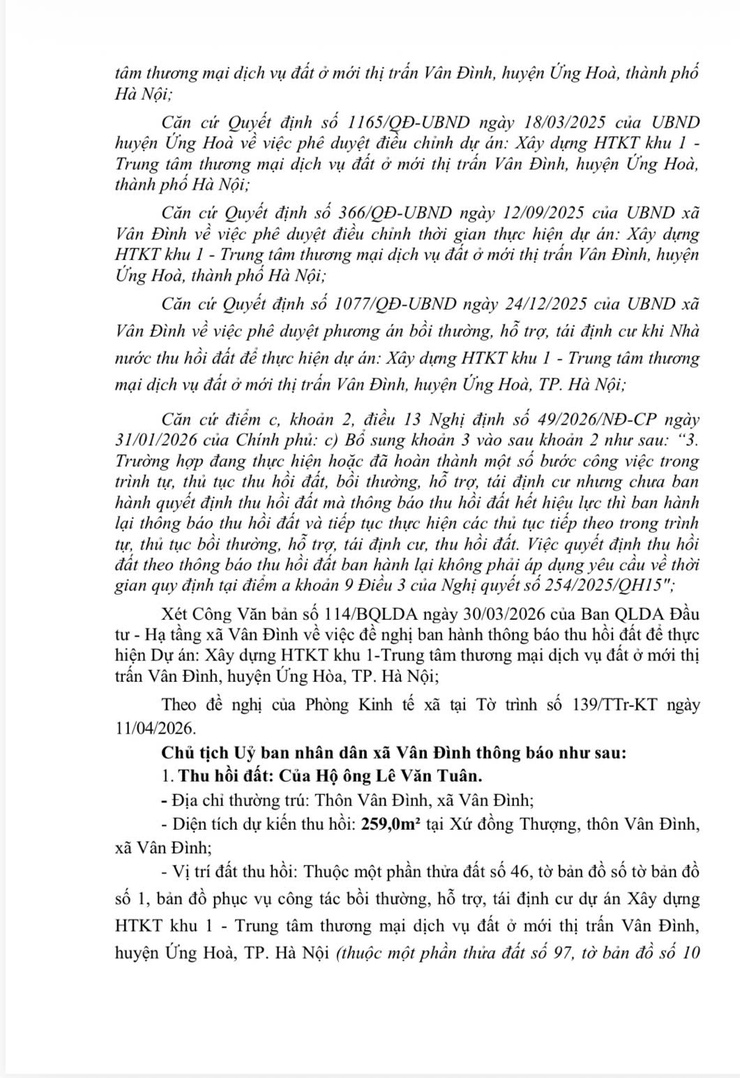 Thông báo thu hồi đất để thực hiện dự án: Xây dựng HTKT khu 1 - Trung tâm thương mại dịch vụ đất ở mới thị trấn Vân Đình, huyện Ứng Hoà, thành phố Hà Nội- Ảnh 2.