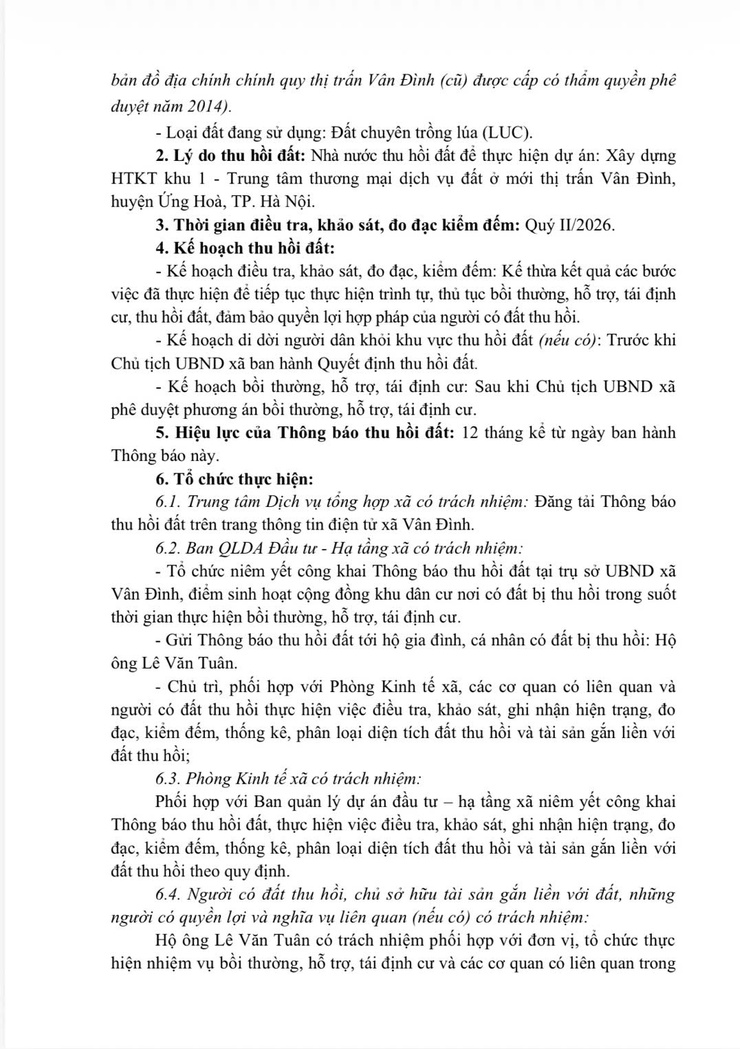 Thông báo thu hồi đất để thực hiện dự án: Xây dựng HTKT khu 1 - Trung tâm thương mại dịch vụ đất ở mới thị trấn Vân Đình, huyện Ứng Hoà, thành phố Hà Nội- Ảnh 3.