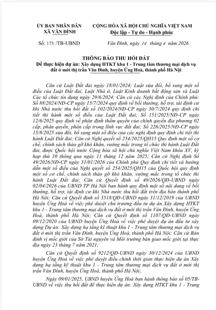 Thông báo thu hồi đất để thực hiện dự án: Xây dựng HTKT khu 1 - Trung tâm thương mại dịch vụ đất ở mới thị trấn Vân Đình, huyện Ứng Hoà, thành phố Hà Nội- Ảnh 1.