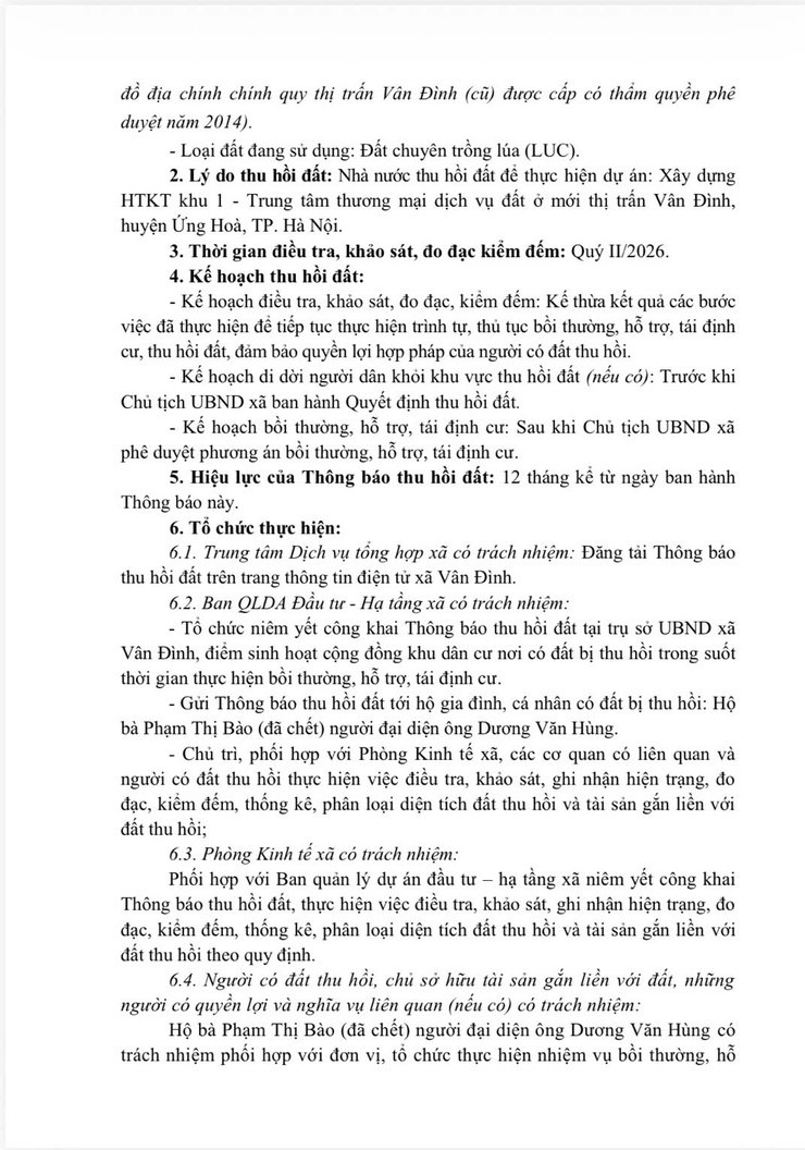 Thông báo thu hồi đất để thực hiện dự án: Xây dựng HTKT khu 1 - Trung tâm thương mại dịch vụ đất ở mới thị trấn Vân Đình, huyện Ứng Hoà, thành phố Hà Nội- Ảnh 3.