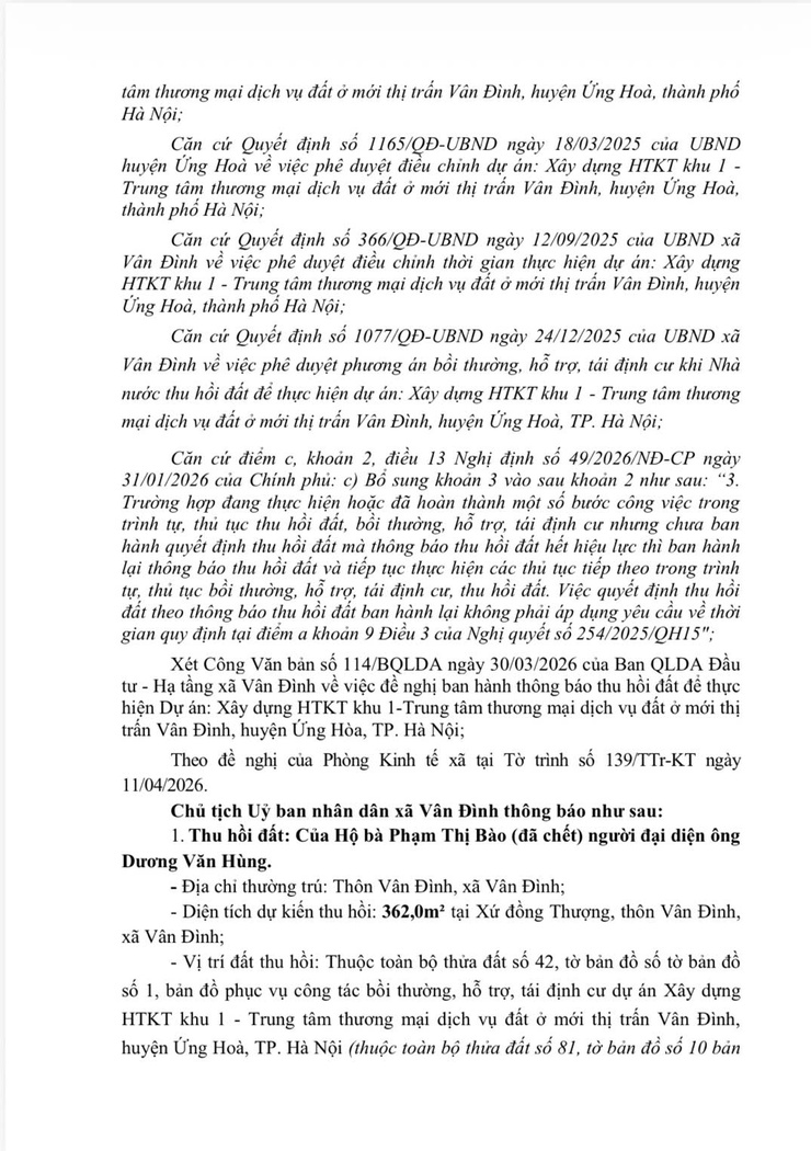 Thông báo thu hồi đất để thực hiện dự án: Xây dựng HTKT khu 1 - Trung tâm thương mại dịch vụ đất ở mới thị trấn Vân Đình, huyện Ứng Hoà, thành phố Hà Nội- Ảnh 2.