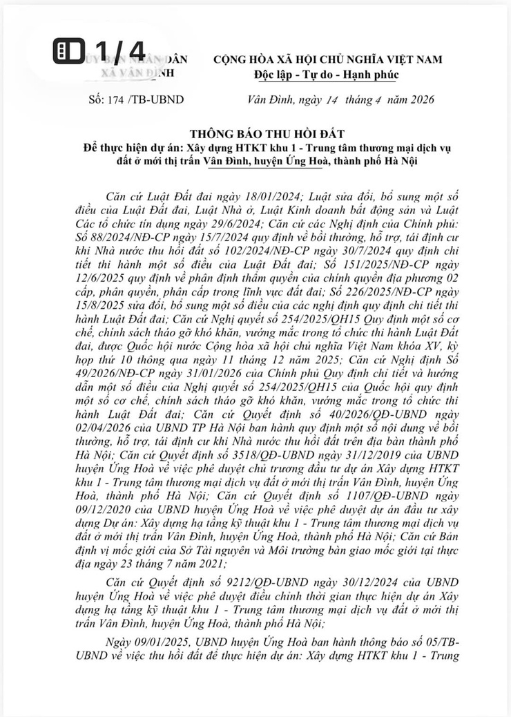 Thông báo thu hồi đất để thực hiện dự án: Xây dựng HTKT khu 1 - Trung tâm thương mại dịch vụ đất ở mới thị trấn Vân Đình, huyện Ứng Hoà, thành phố Hà Nội- Ảnh 1.