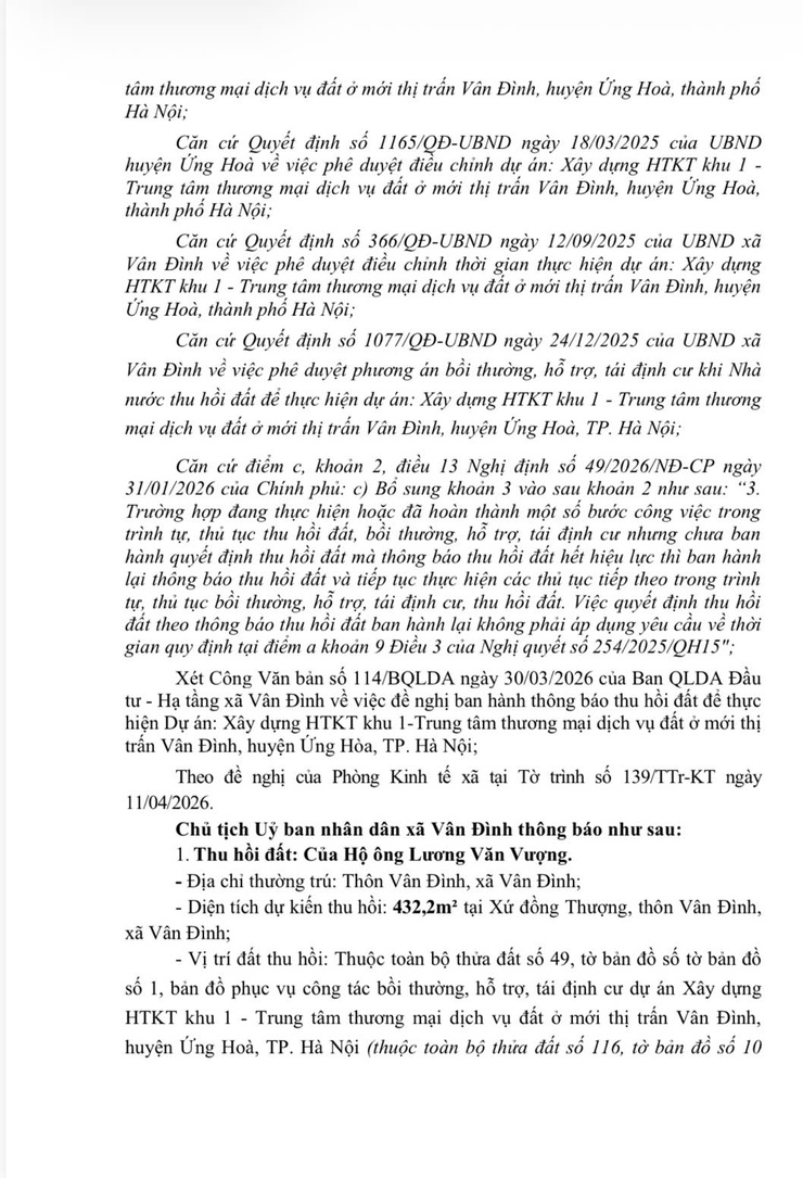 Thông báo thu hồi đất để thực hiện dự án: Xây dựng HTKT khu 1 - Trung tâm thương mại dịch vụ đất ở mới thị trấn Vân Đình, huyện Ứng Hoà, thành phố Hà Nội- Ảnh 2.
