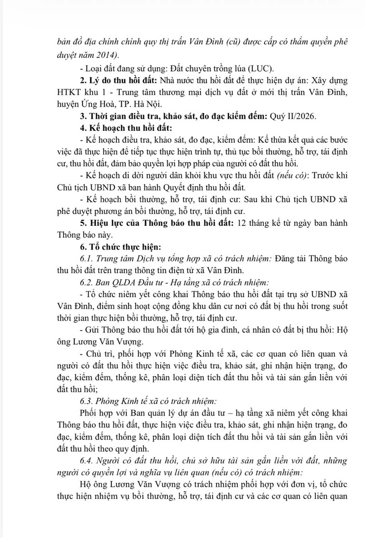 Thông báo thu hồi đất để thực hiện dự án: Xây dựng HTKT khu 1 - Trung tâm thương mại dịch vụ đất ở mới thị trấn Vân Đình, huyện Ứng Hoà, thành phố Hà Nội- Ảnh 3.