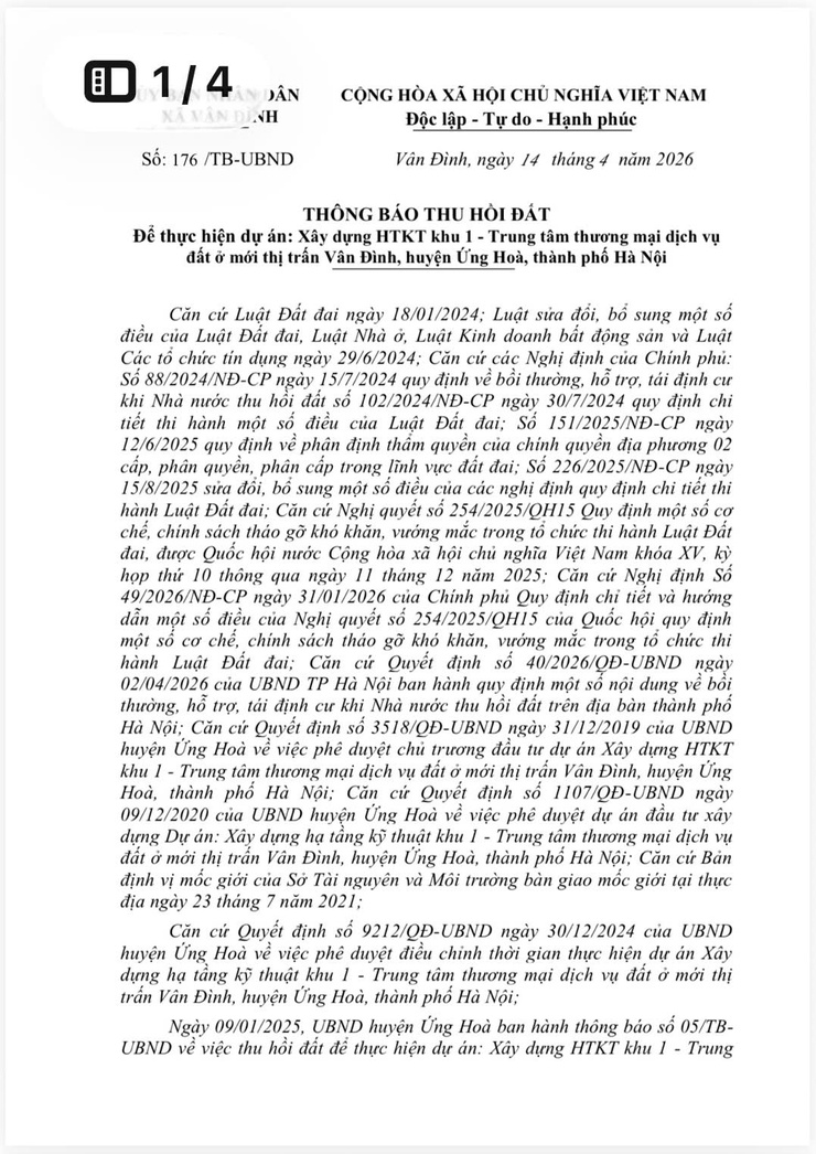 Thông báo thu hồi đất để thực hiện dự án: Xây dựng HTKT khu 1 - Trung tâm thương mại dịch vụ đất ở mới thị trấn Vân Đình, huyện Ứng Hoà, thành phố Hà Nội- Ảnh 1.