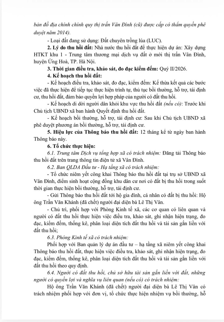 Thông báo thu hồi đất để thực hiện dự án: Xây dựng HTKT khu 1 - Trung tâm thương mại dịch vụ đất ở mới thị trấn Vân Đình, huyện Ứng Hoà, thành phố Hà Nội- Ảnh 3.