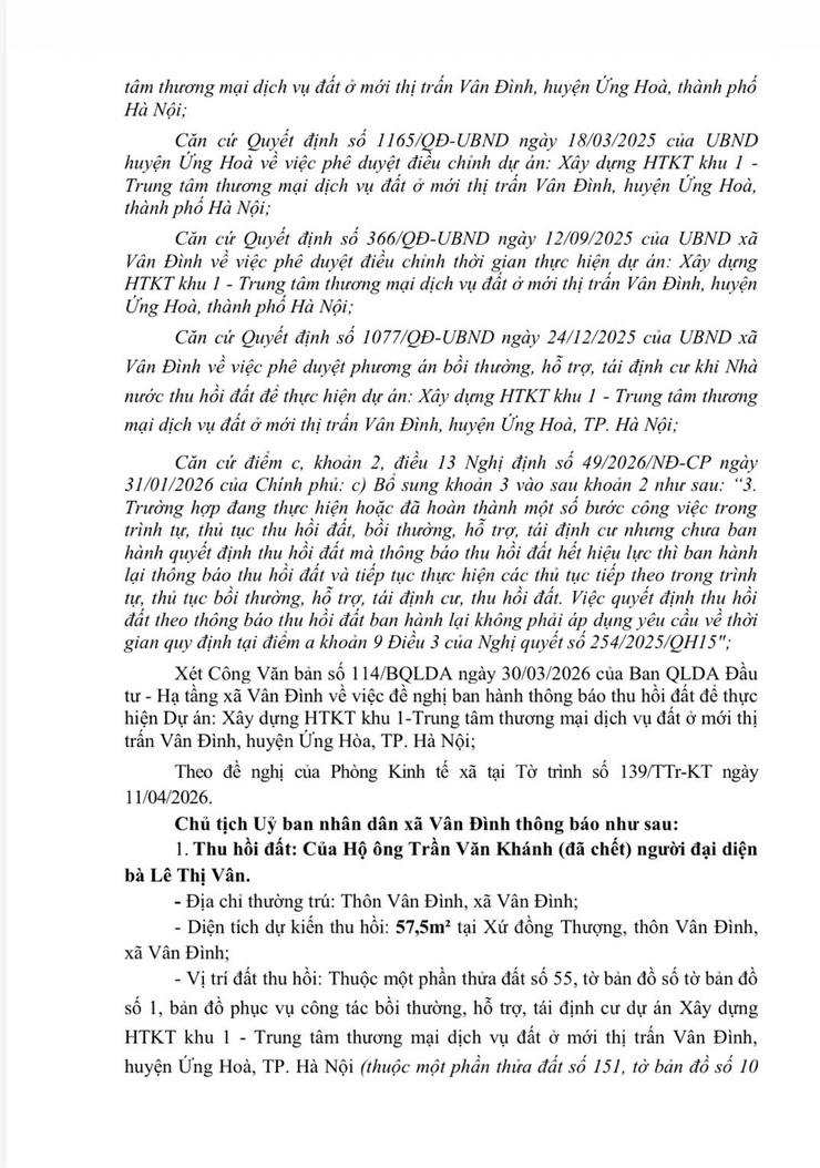 Thông báo thu hồi đất để thực hiện dự án: Xây dựng HTKT khu 1 - Trung tâm thương mại dịch vụ đất ở mới thị trấn Vân Đình, huyện Ứng Hoà, thành phố Hà Nội- Ảnh 2.