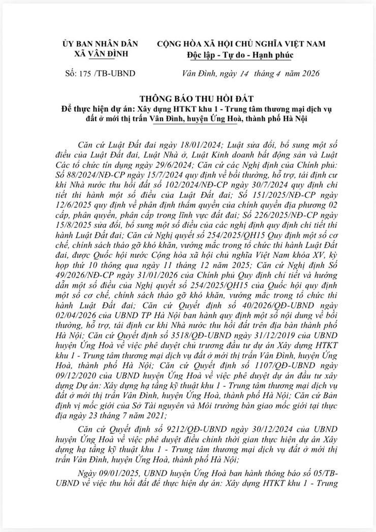 Thông báo thu hồi đất để thực hiện dự án: Xây dựng HTKT khu 1 - Trung tâm thương mại dịch vụ đất ở mới thị trấn Vân Đình, huyện Ứng Hoà, thành phố Hà Nội- Ảnh 1.