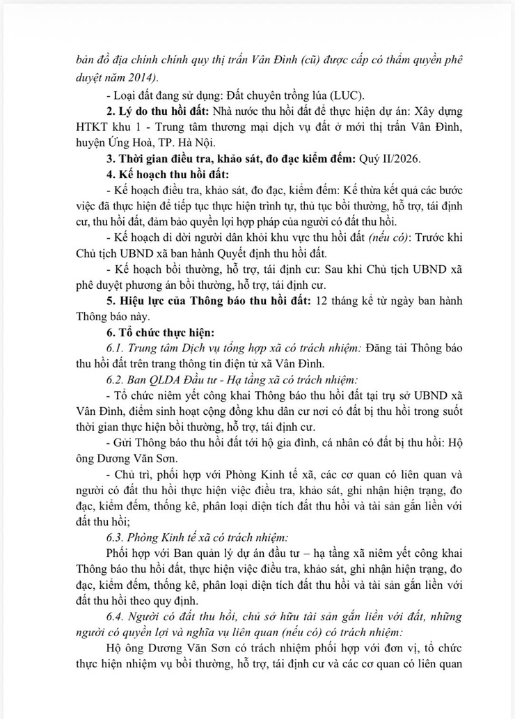 Thông báo thu hồi đất để thực hiện dự án: Xây dựng HTKT khu 1 - Trung tâm thương mại dịch vụ đất ở mới thị trấn Vân Đình, huyện Ứng Hoà, thành phố Hà Nội- Ảnh 3.