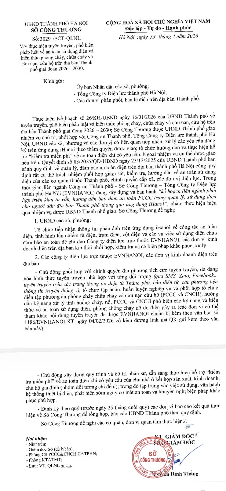 Công văn số: 3029/SCT-QLNL ngày 13/04/2026 của Sở Công thương về việc thực hiện tuyên truyền, phổ biến pháp luật về an toàn sử dụng điện và kiến thức phòng cháy, chữa cháy và cứu nạn, cứu hộ trên địa bàn Thành
phố giai đoạn 2026 - 2030- Ảnh 1.