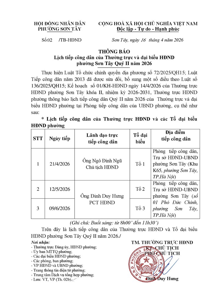 Thông báo Lịch tiếp công dân của Thường trực và đại biểu HĐND 
phường Sơn Tây Quý II năm 2026 - Ảnh 1.