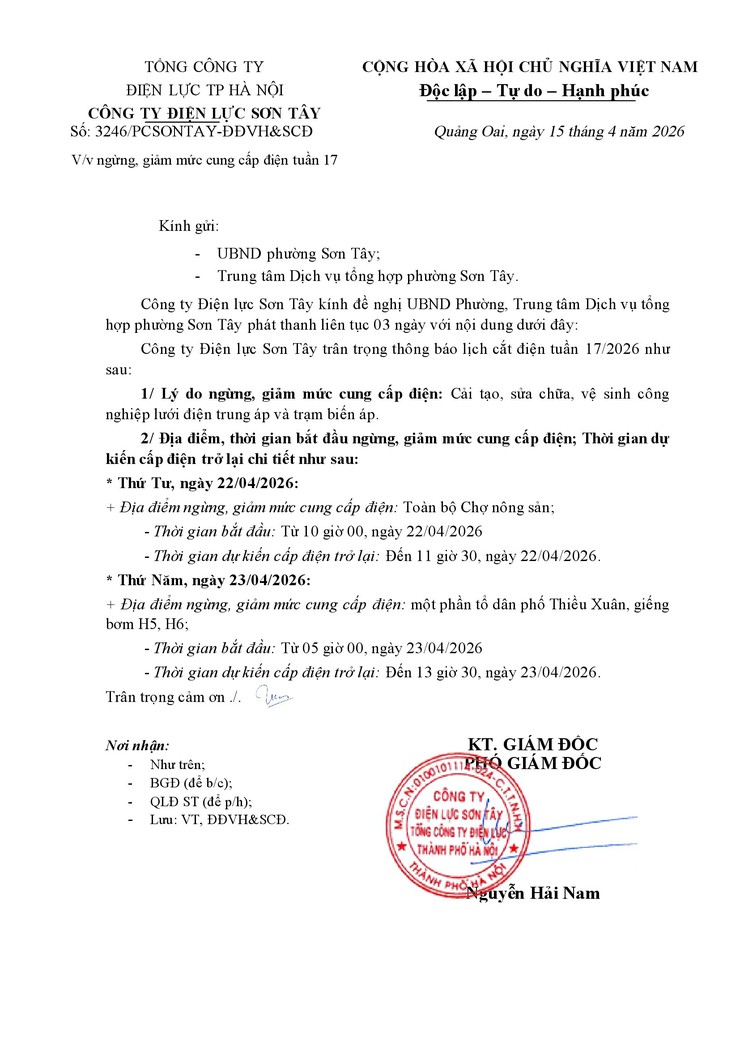 Thông báo về việc ngừng, giảm mức cung cấp điện tuần 17 của Công ty Điện lực Sơn Tây- Ảnh 1.