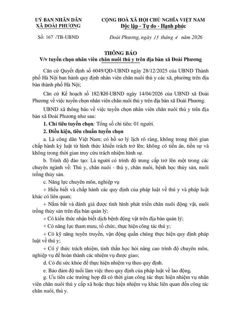 Đoài Phương tuyển chọn 01 nhân viên chăn nuôi thú y cấp xã- Ảnh 1.