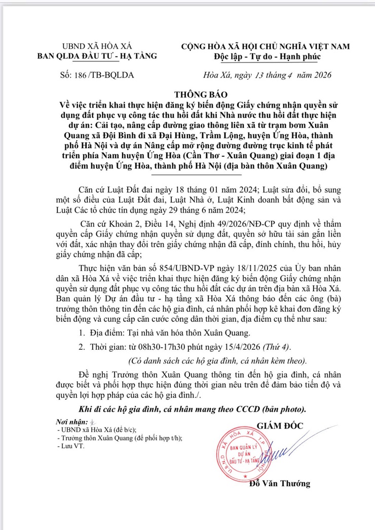 THÔNG BÁO ĐĂNG KÝ BIẾN ĐỘNG ĐẤT ĐAI TẠI THÔN XUÂN QUANG- Ảnh 1.