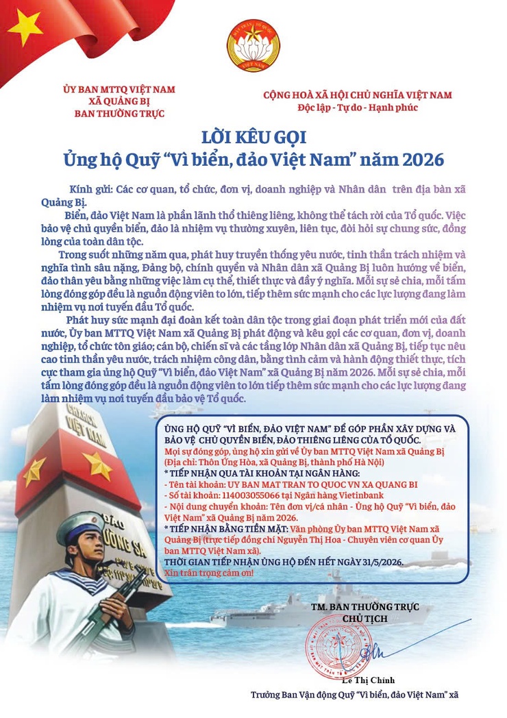 Ủy ban MTTQ Việt Nam xã Quảng Bị kêu gọi Ủng hộ Quỹ “Vì biển, đảo Việt Nam” năm 2026- Ảnh 1.