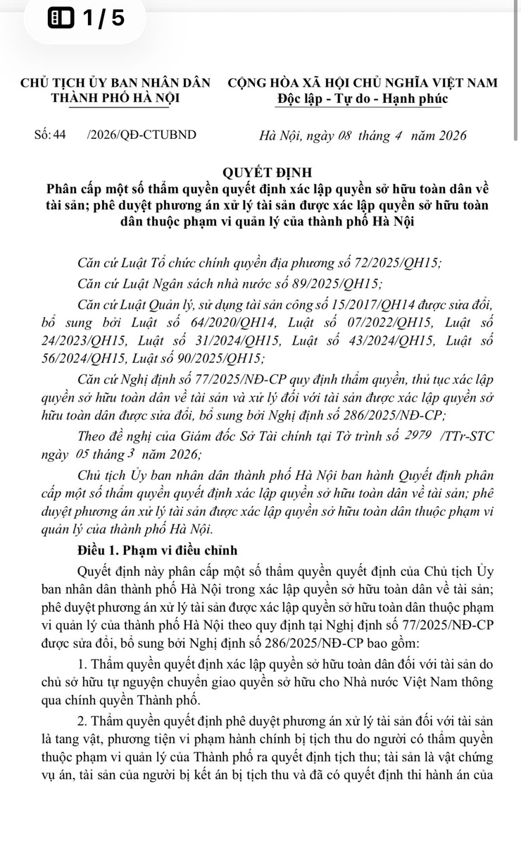 Quyết định Phân cấp một số thẩm quyền quyết định xác lập quyền sở hữu toàn dân về tài sản; phê duyệt phương án xử lý tài sản được xác lập quyền sở hữu toàn dân thuộc phạm vi quản lý của thành phố Hà Nội- Ảnh 1.