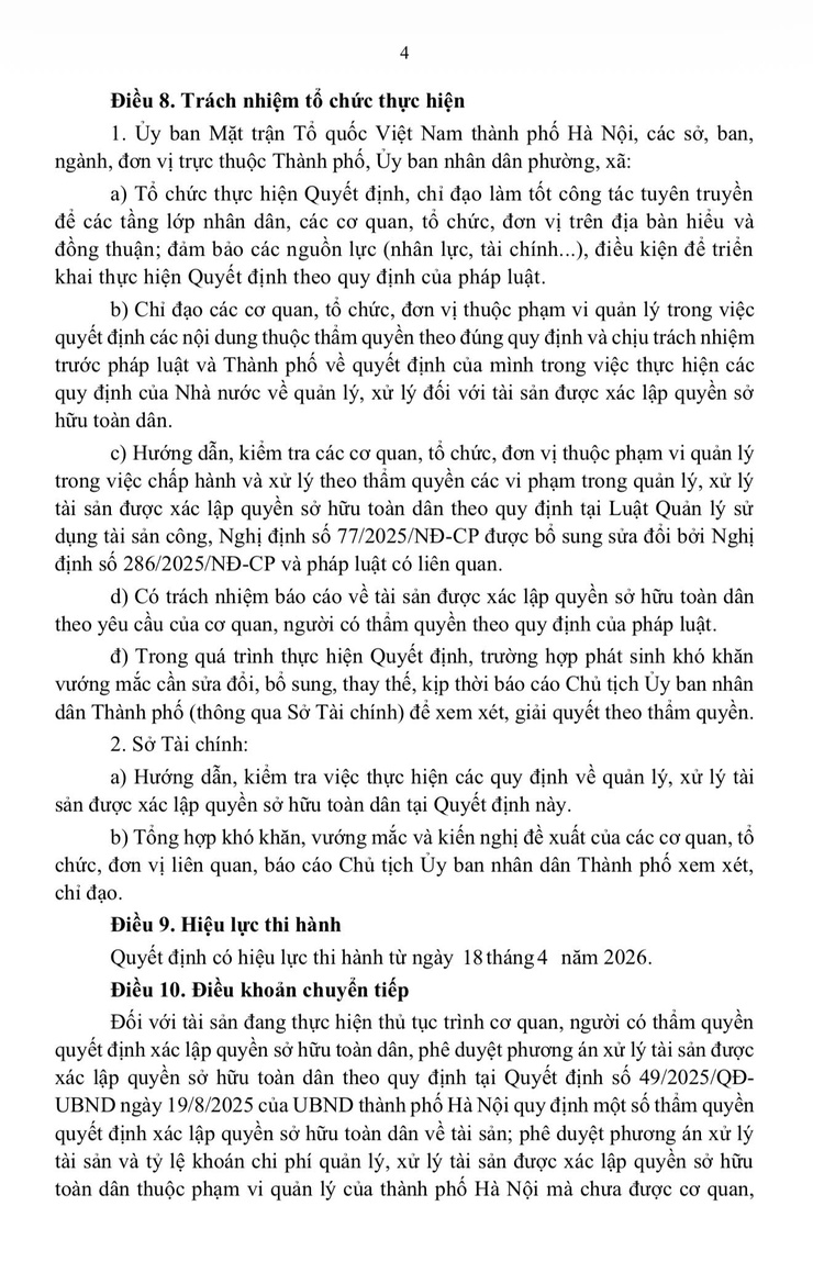 Quyết định Phân cấp một số thẩm quyền quyết định xác lập quyền sở hữu toàn dân về tài sản; phê duyệt phương án xử lý tài sản được xác lập quyền sở hữu toàn dân thuộc phạm vi quản lý của thành phố Hà Nội- Ảnh 4.