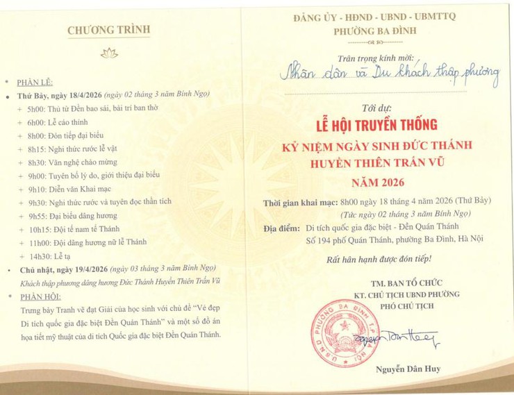 Thông báo mời dự: Lễ hội truyền thống Kỷ niệm Ngày sinh Đức Thánh Huyền Thiên Trấn Vũ năm 2026 tại đền Quán Thánh- Ảnh 3.