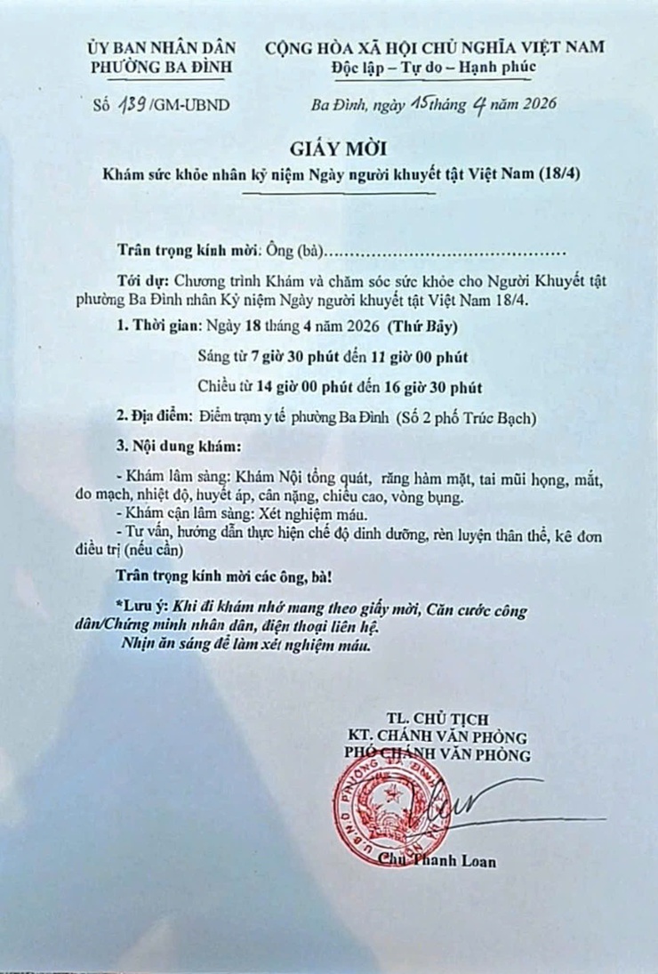 PHƯỜNG BA ĐÌNH TRIỂN KHAI KHÁM, TƯ VẤN SỨC KHỎE CHO NGƯỜI KHUYẾT TẬT NGÀY 18/4- Ảnh 1.
