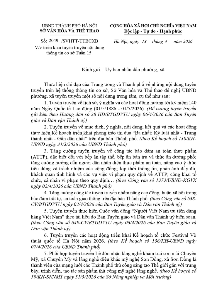 Công văn số 2049/SVHTT-TTBCXB ngày 13/04/2026 về việc triển khai tuyên truyền nội dung thông tin cơ sở Tuần 15- Ảnh 1.