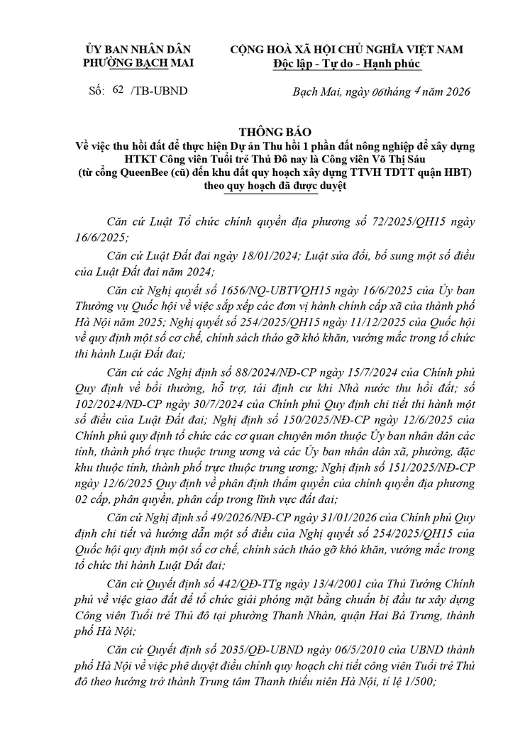 Thông báo số 62/TB-UBND ngày 06/04/2026 của UBND phường Bạch Mai- Ảnh 1.