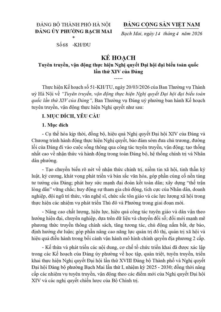 Kế hoạch 68-KH/ĐU về việc Tuyên truyền, vận động thực hiện Nghị quyết Đại hội đại biểu toàn quốc lần thứ XIV của Đảng- Ảnh 1.