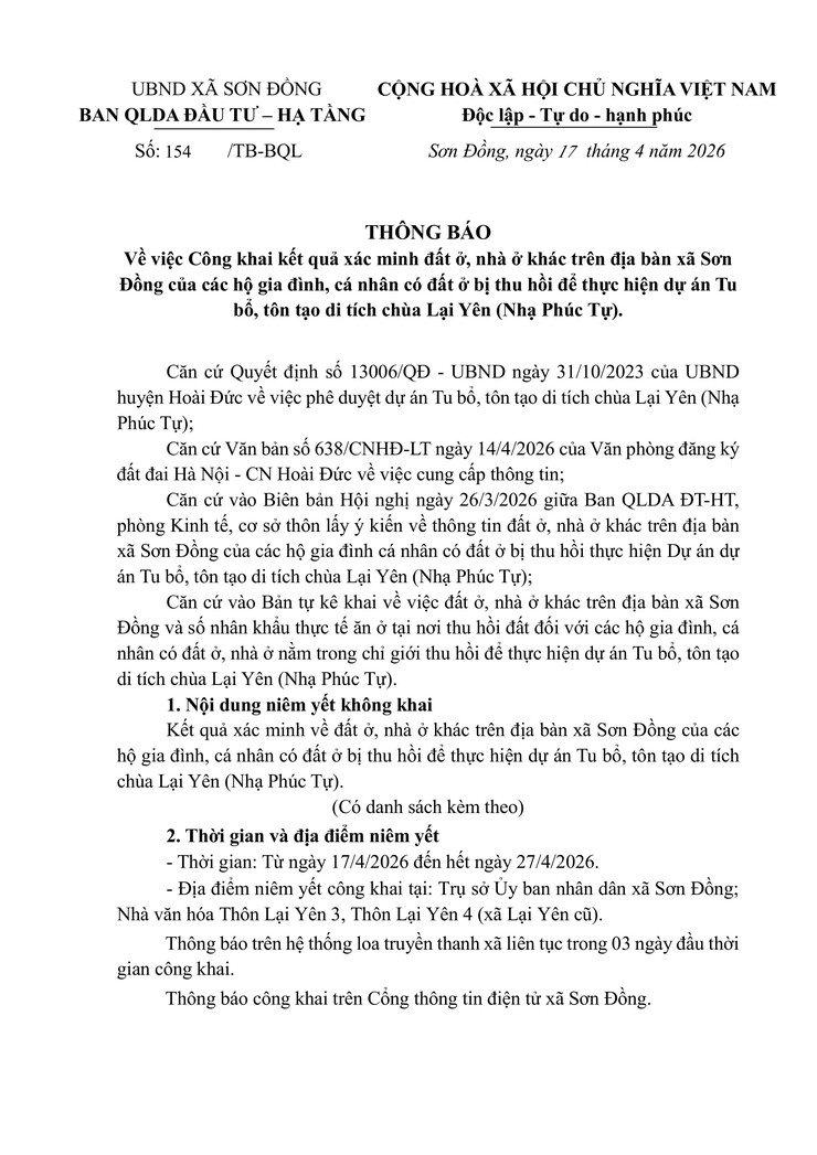 Thông báo công khai kết quả xác minh đất ở, nhà ở khác trên địa bàn xã Sơn Đồng của các hộ gia đình, cá nhân có đất ở bị thu hồi để thực hiện dự án Tu bổ, tôn tạo di tích chùa Lại Yên (Nhạ Phúc Tự)- Ảnh 1.