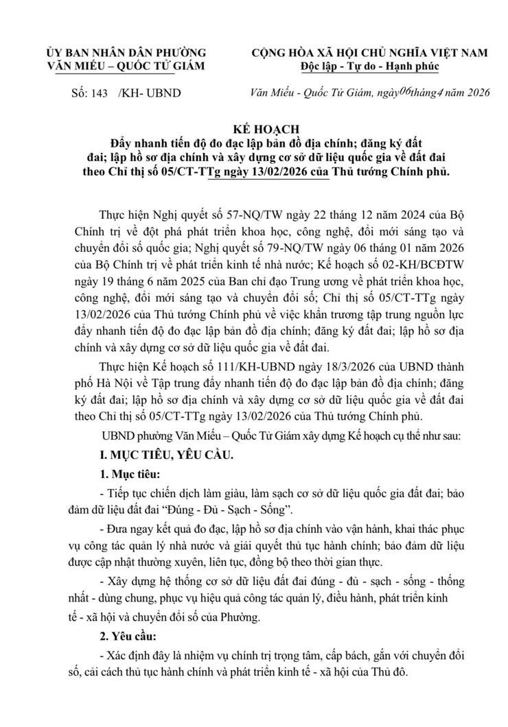 TRIỂN KHAI KẾ HOẠCH ĐẨY NHANH TIẾN ĐỘ ĐO ĐẠC LẬP BẢN ĐỒ ĐỊA CHÍNH; ĐĂNG KÝ ĐẤT ĐAI; LẬP HỒ SƠ ĐỊA CHÍNH VÀ XÂY DỰNG CƠ SỞ DỮ LIỆU QUỐC GIA VỀ ĐẤT ĐAI THEO CHỈ THỊ SỐ 05/CT-TTG NGÀY 13/02/2026 CỦA THỦ TƯỚNG CHÍNH PHỦ- Ảnh 1.