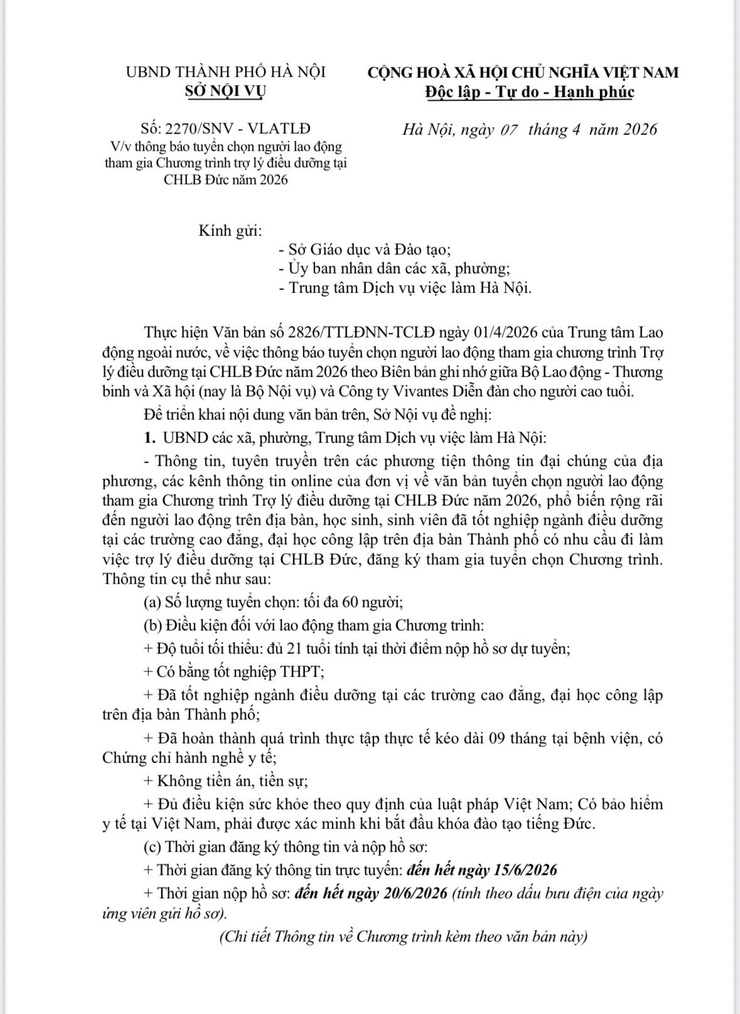 Thông báo tuyển chọn người lao động tham gia Chương
trình trợ lý điều dưỡng tại CHLB Đức năm 2026- Ảnh 1.