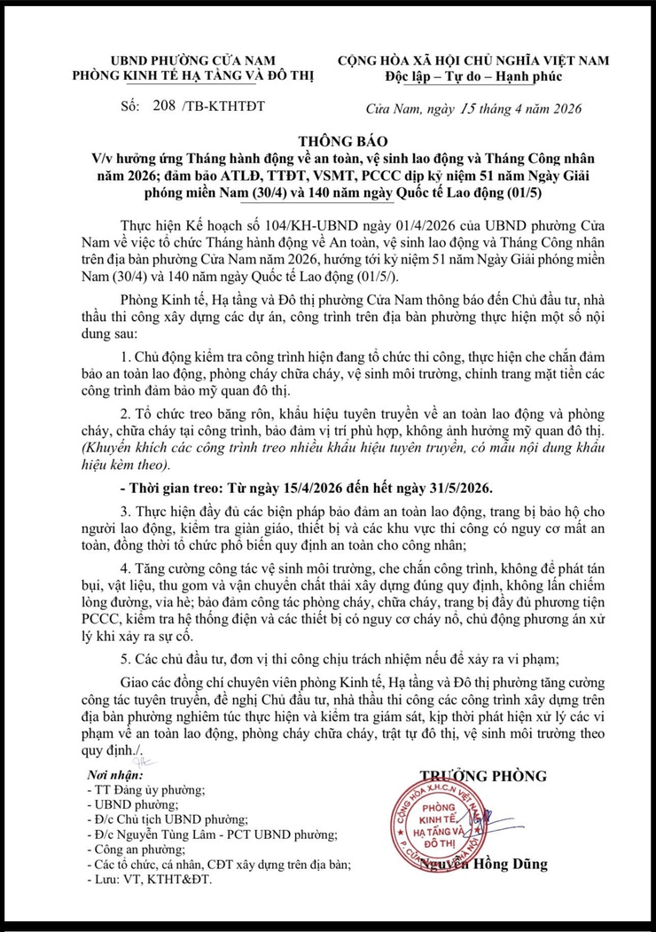 PHƯỜNG CỬA NAM: ĐẨY MẠNH TUYÊN TRUYỀN, BẢO ĐẢM AN TOÀN LAO ĐỘNG TẠI CÁC CÔNG TRÌNH XÂY DỰNG- Ảnh 1.