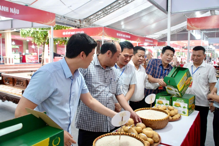 Đoàn công tác lãnh đạo xã trực tiếp khảo sát, kiểm tra thực tế tại khu vực các gian hàng trưng bày sản phẩm OCOP và làng nghề truyền thống.- Ảnh 3.