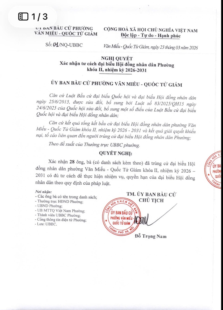 PHƯỜNG VĂN MIẾU – QUỐC TỬ GIÁM THÔNG QUA NGHỊ QUYẾT XÁC ĐỊNH TƯ CÁCH ĐẠI BIỂU HỘI ĐỒNG NHÂN DÂN PHƯỜNG KHÓA II, NHIỆM KỲ 2026 - 2031.- Ảnh 1.