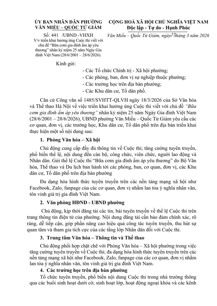 UBND PHƯỜNG VĂN MIẾU – QUỐC TỬ GIÁM TRIỂN KHAI HƯỞNG ỨNG CUỘC THI VIẾT “BỮA CƠM GIA ĐÌNH ẤM ÁP YÊU THƯƠNG”- Ảnh 2.