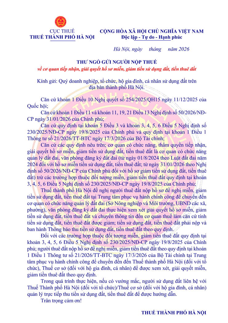 Thư ngỏ gửi người nộp thuế về cơ quan tiếp nhận, giải quyết hồ sơ miễn, giảm tiền sử dụng đất, tiền thuê đất
- Ảnh 1.
