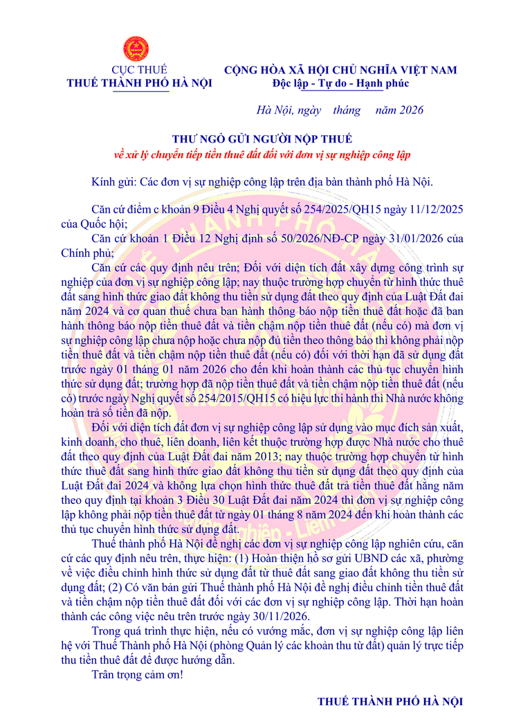 Thư ngỏ gửi người nộp thuế về xử lý chuyển tiếp tiền thuê đất đối với đơn vị sự nghiệp công lập
- Ảnh 1.