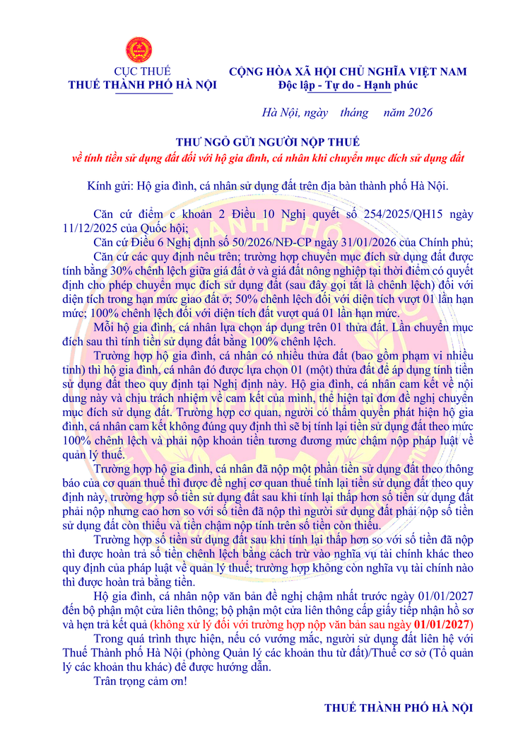 Thư ngỏ gửi người nộp thuế về tính tiền sử dụng đất đối với hộ gia đình, cá nhân khi chuyển mục đích sử dụng đất 
- Ảnh 1.