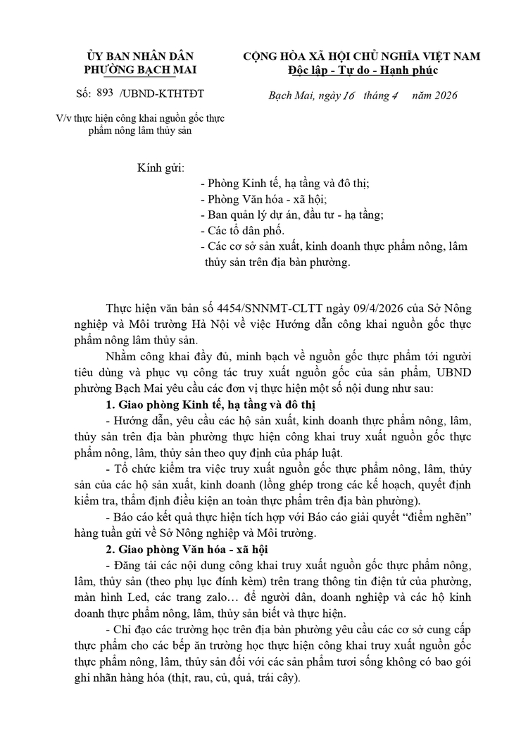 Công văn số 893/UBND-KTHTĐT ngày 16/04/2026 về việc thực hiện công khai nguồn gốc thực phẩm nông lâm thủy sản- Ảnh 1.