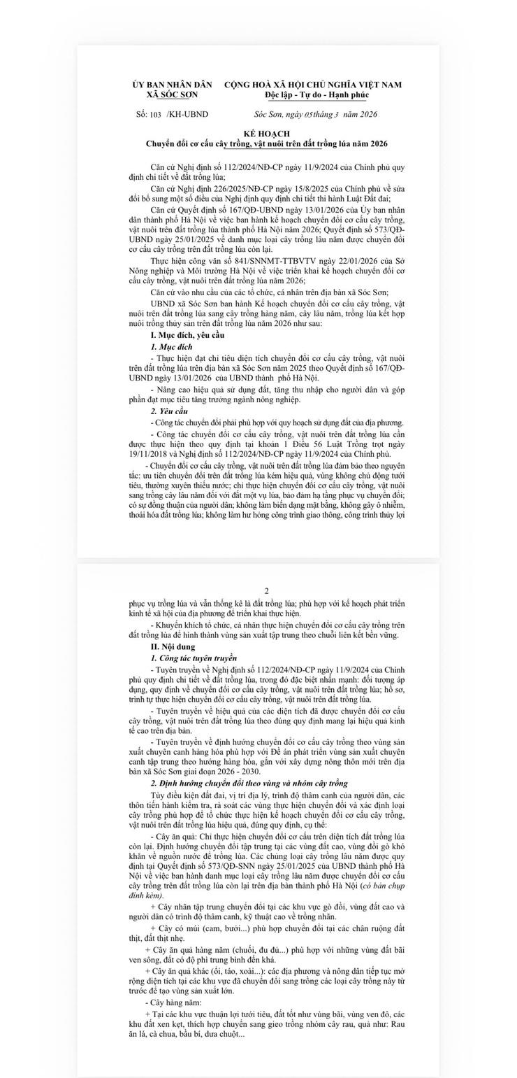 THÔNG BÁO Về việc niêm yết công khai Kế hoạch chuyển đổi cơ cấu cây trồng, vật nuôi trên đất trồng lúa năm 2026- Ảnh 1.