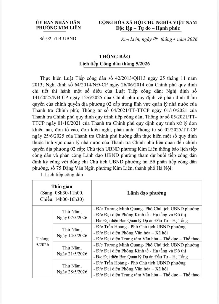 Phường Kim Liên: Thông báo lịch tiếp Công dân tháng 5/2026- Ảnh 1.