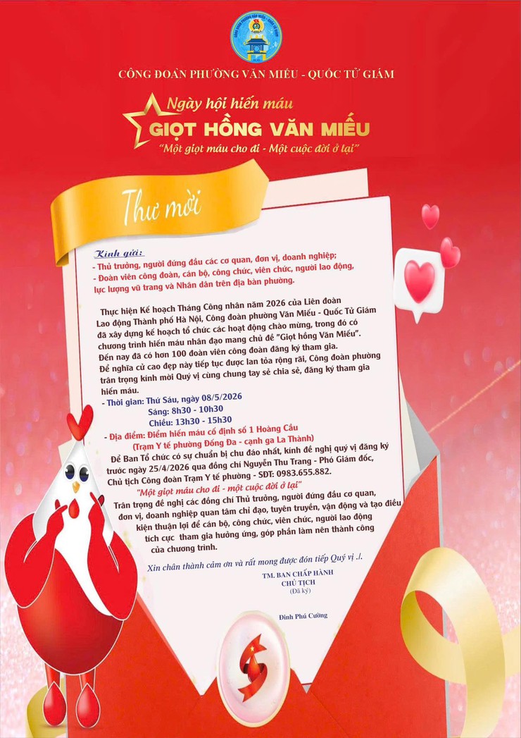 PHƯỜNG VĂN MIẾU – QUỐC TỬ GIÁM TỔ CHỨC NGÀY HỘI HIẾN MÁU “GIỌT HỒNG VĂN MIẾU” NĂM 2026- Ảnh 1.