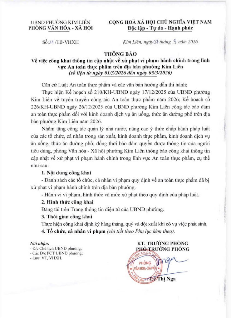 Thông báo: Về việc công khai thông tin cập nhật về xử phạt vi phạm hành chính trong lĩnh vực An toàn thực phẩm trên địa bàn phường (số liệu từ ngày 01/3/2026 đến ngày 05/3/2026)- Ảnh 1.