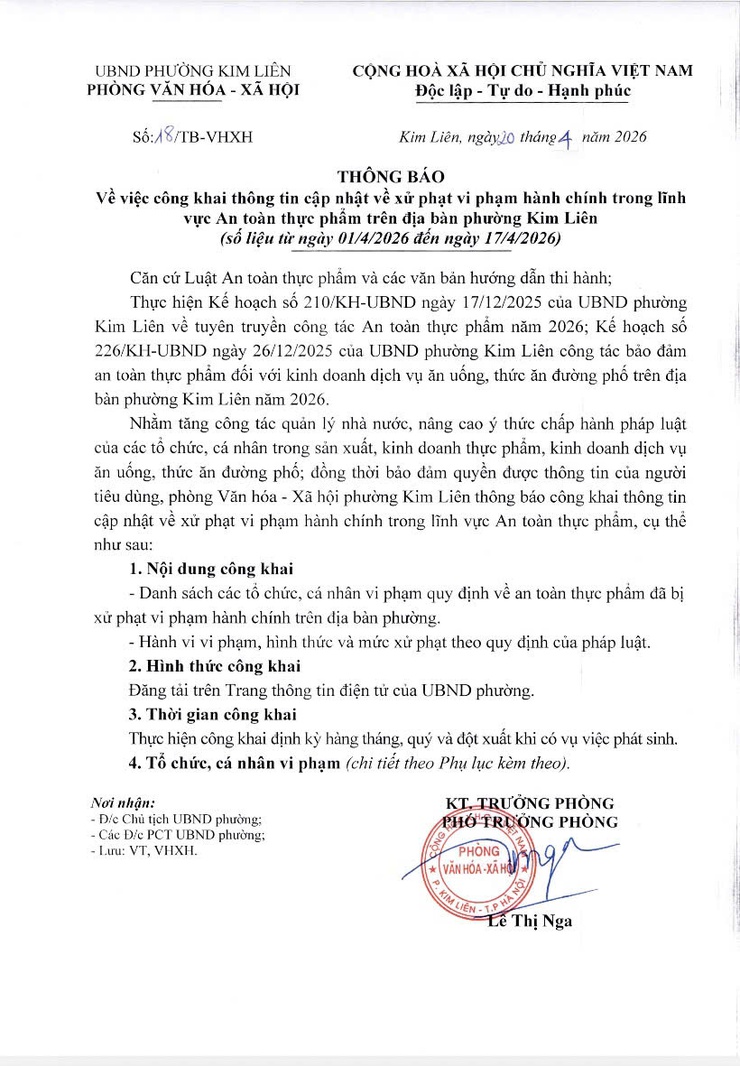 Thông báo: Về việc công khai thông tin cập nhật về xử phạt vi phạm hành chính trong lĩnh vực An toàn thực phẩm trên địa bàn phường (số liệu từ ngày 01/4/2026 đến ngày 17/4/2026)- Ảnh 1.