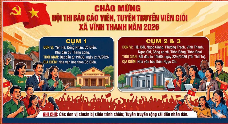 THÔNG BÁO 
Về việc tổ chức Hội thi Báo cáo viên, Tuyên truyền viên giỏi xã Vĩnh Thanh năm 2026- Ảnh 1.